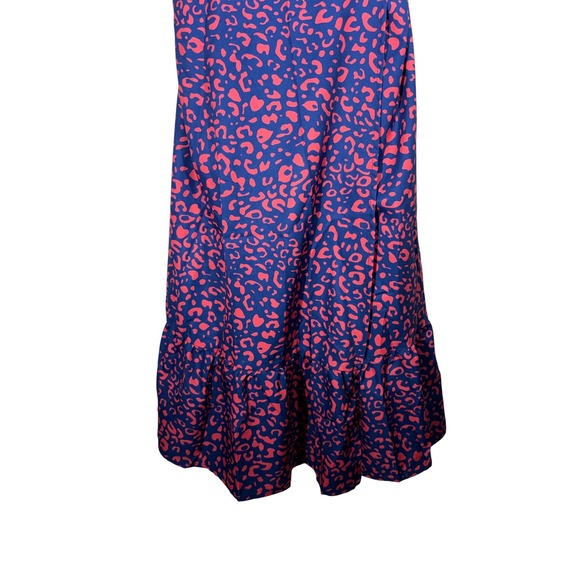 Greathe Women Navy Pink Leopard Print Wrap Dress Short Sleeve Ruffle Hem Size 4 - Picture 5 of 7